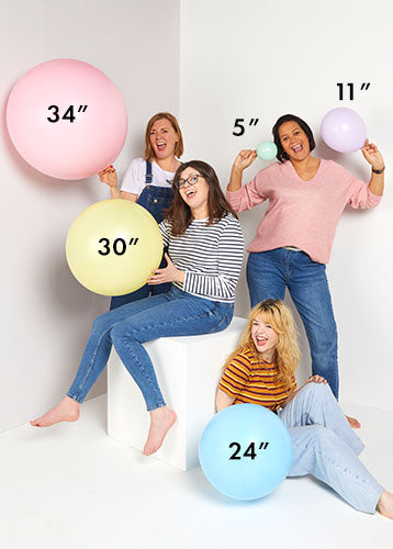 Latex balloons shown in 5, 11, 24, 30 and 34 inch sizes