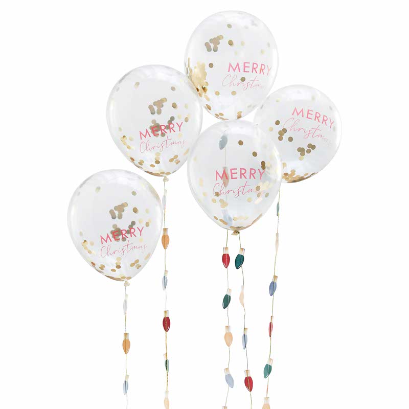 Confetti Filled Merry Christmas Balloons with Light Bulb Balloon Tails - 12" Latex (5pk)