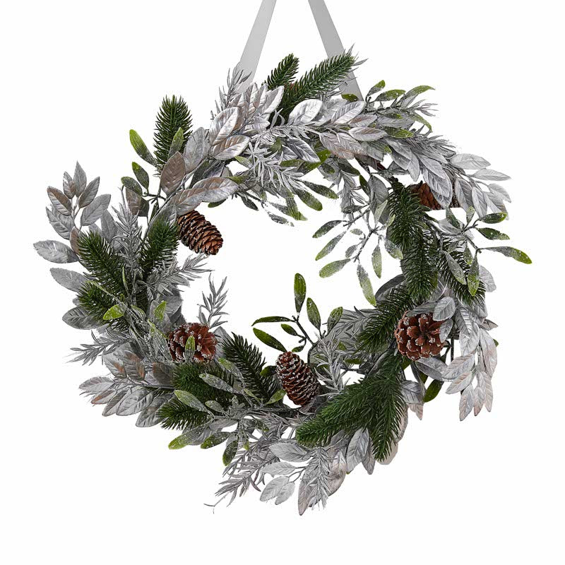 Mistletoe, Pine Cone & Silver Foliage Christmas Wreath - 40cm