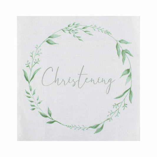 White & Green Botanical Christening Paper Napkins - 33cm (16pk)