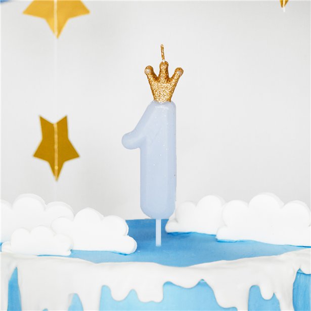 Pastel Blue Crown Number 1 Candle - 9.5cm