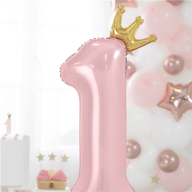 Number 1 Pastel Pink Crown Standing Foil Balloon - 33"