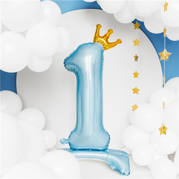 Number 1 Pastel Blue Crown Standing Foil Balloon - 33"