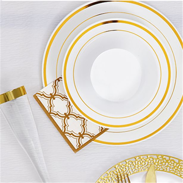 Premium White with Gold Trim Plastic Plates - 19cm (20pk)