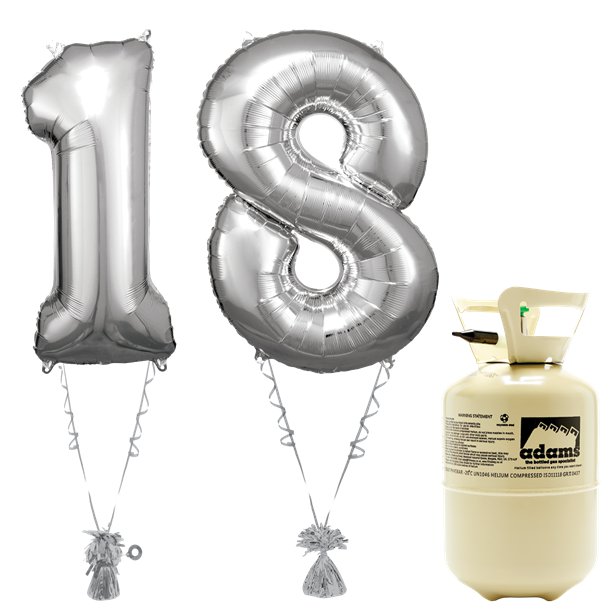 Age 18 Silver Foil Kit With Helium, Ribbon and Weights