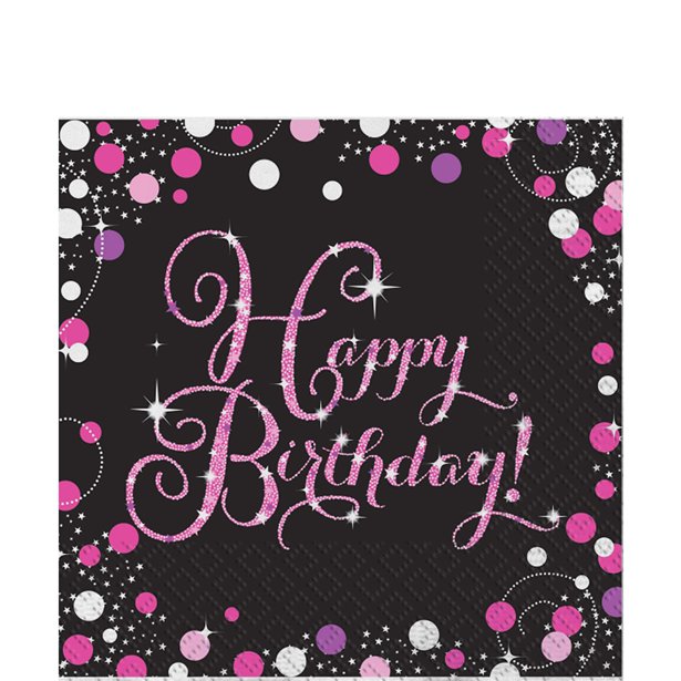 Pink Happy Birthday Paper Napkins - 33cm (16pk)