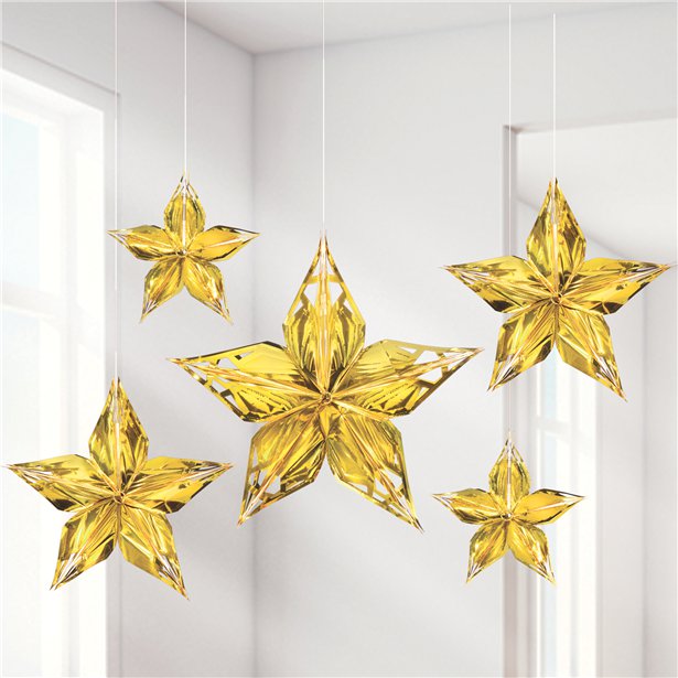 Metallic Gold Hanging Stars - 40cm (5pk)