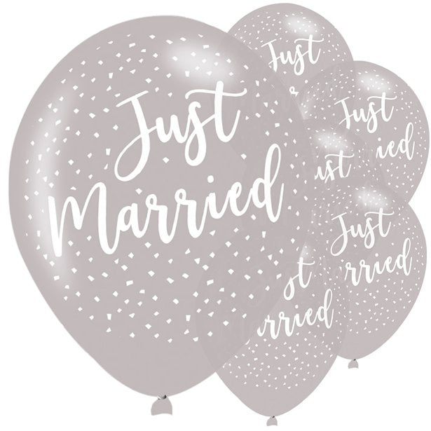 Just Married Silver Latex Balloons - 11" (6pk)