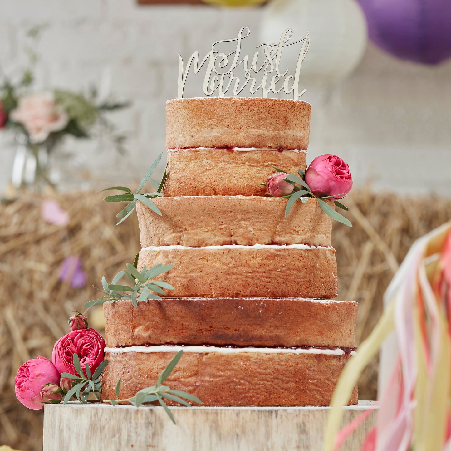 Wooden Just Married Wedding Cake Topper