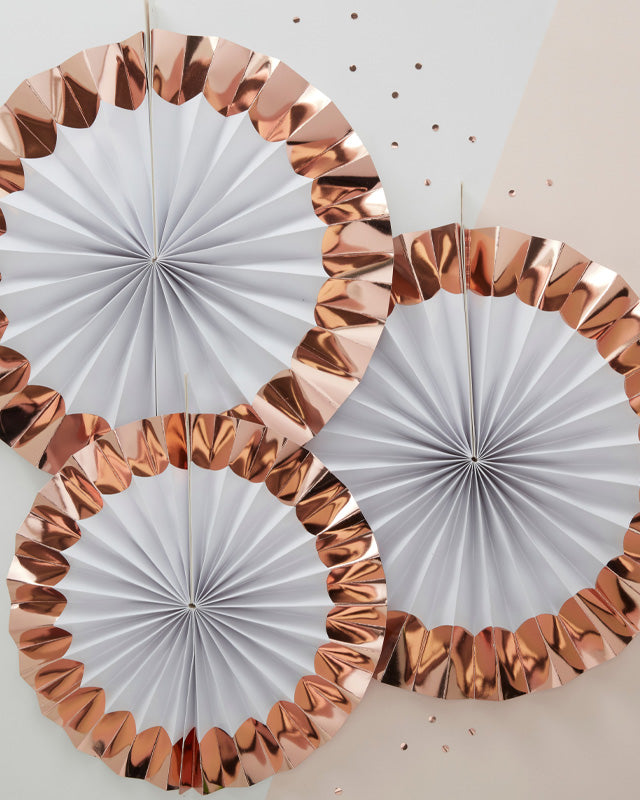 White & Rose Gold Paper Fan Decorations - 38cm