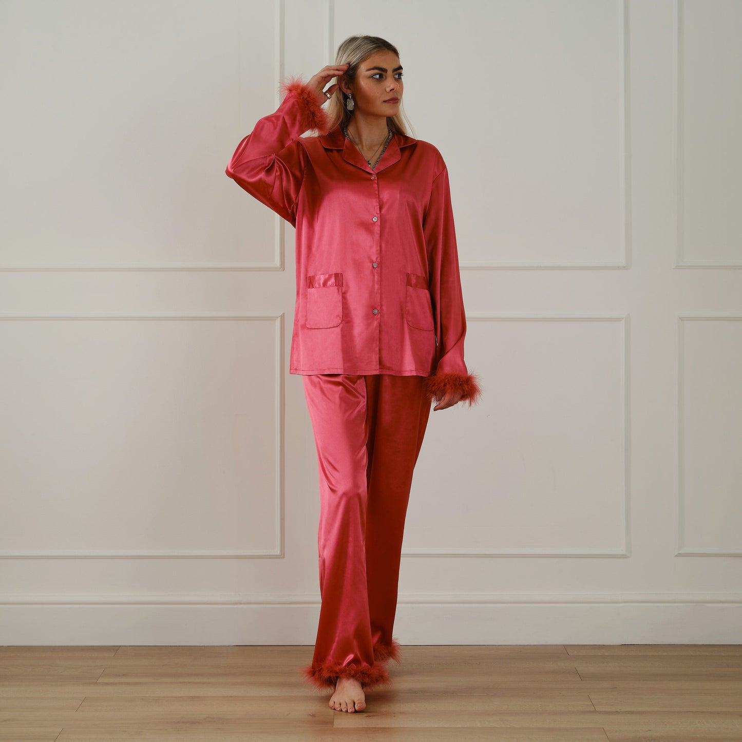 Pink Satin Pyjamas with Feather Trims - Large