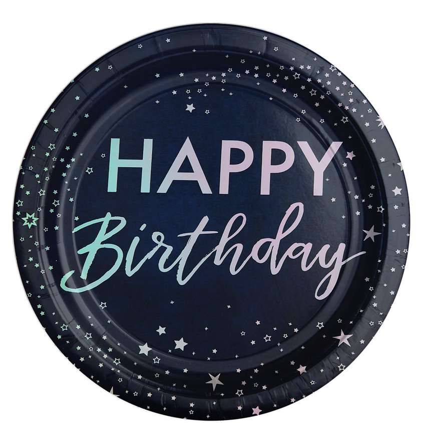 Iridescent Foiled 'Happy Birthday' Paper Plates - 24.5cm (8pk)