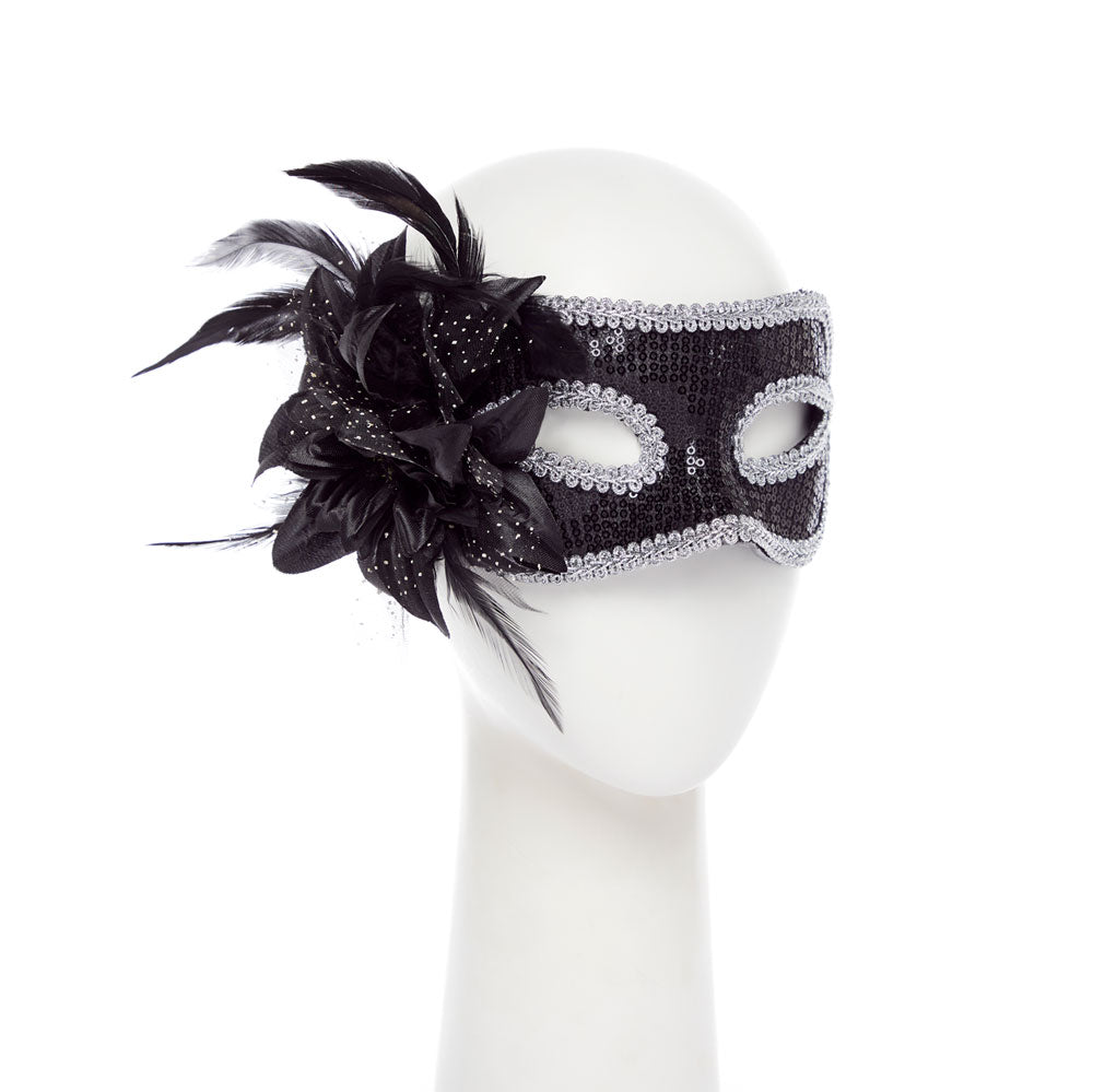 Black Glitter Mask with Flower