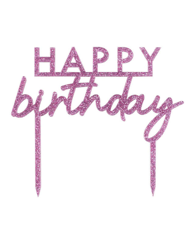 Pamper Party Pink Glitter Acrylic 'Happy Birthday' Cake Topper - 11.7cm x 13.4cm