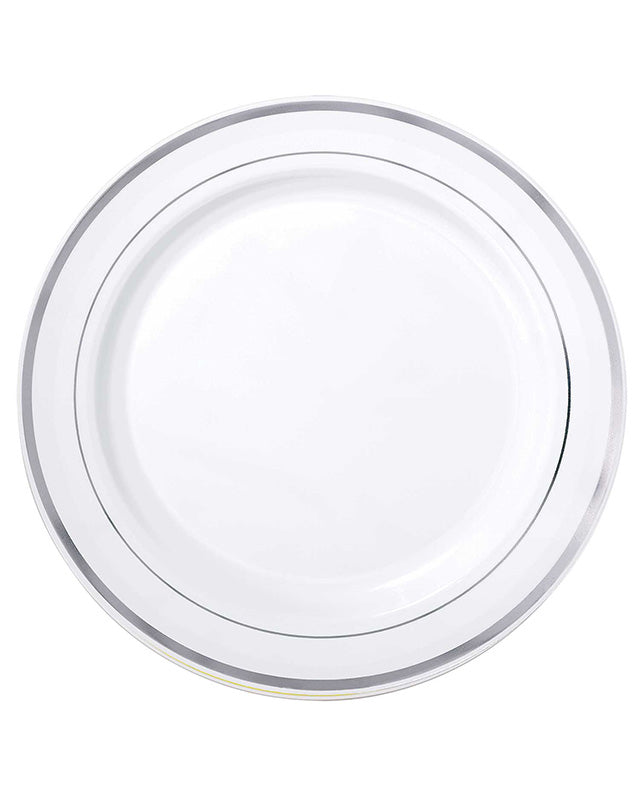 White with Silver Trim Plastic Plates - 30cm
