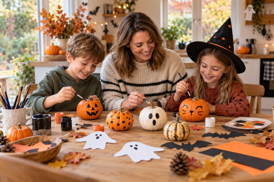 A mother and two children painting pumpkins and making paper Halloween decorations at a kitchen table.