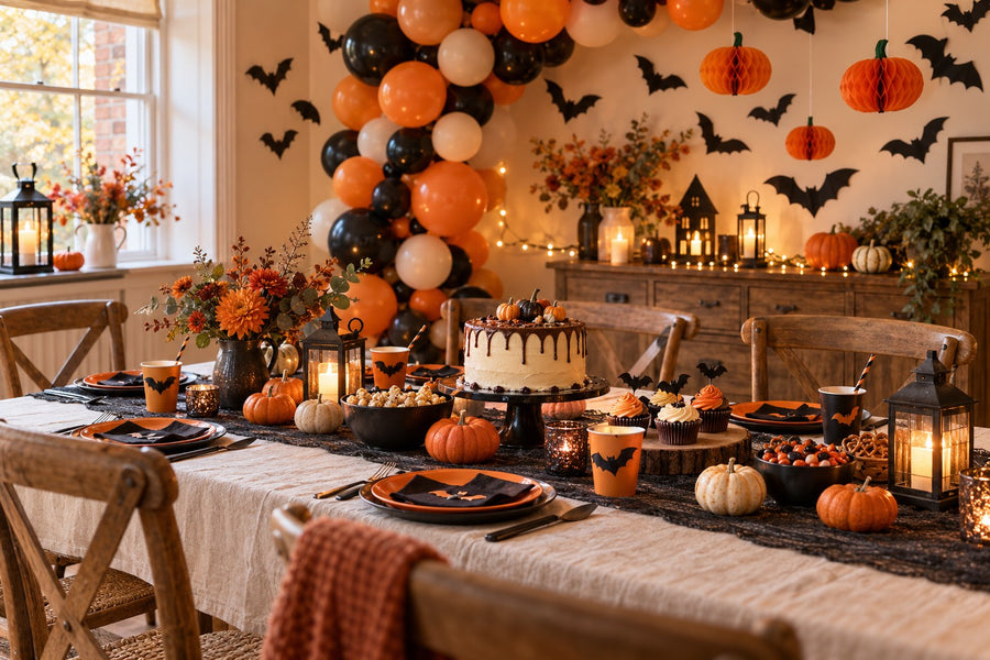 Halloween party table at home with orange, black and cream balloons, pumpkins, bat decorations, cake and treats.