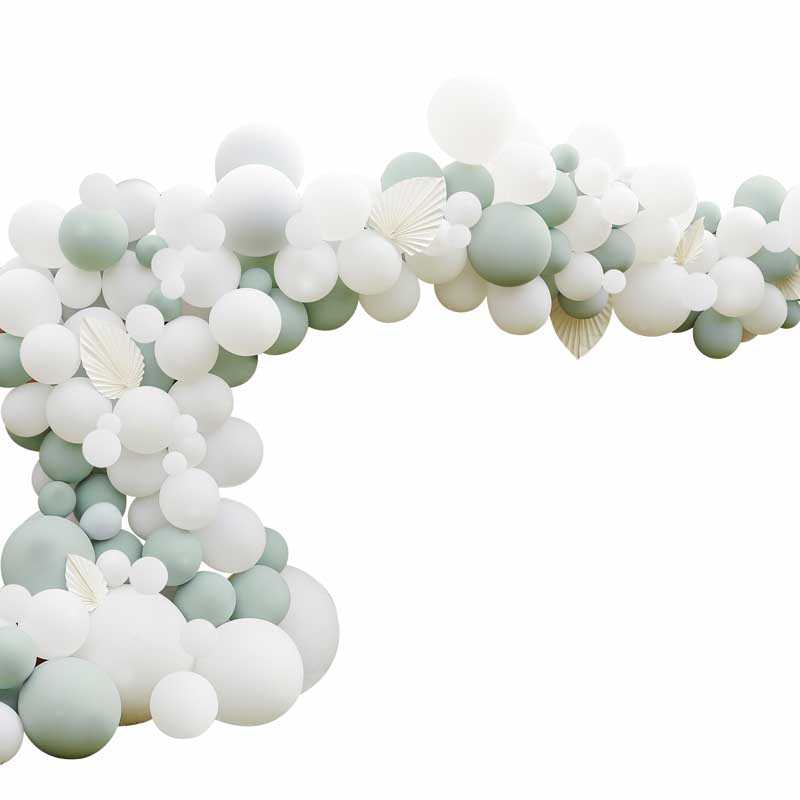 White & Sage Balloon Arch with White Fans - 200 Balloons