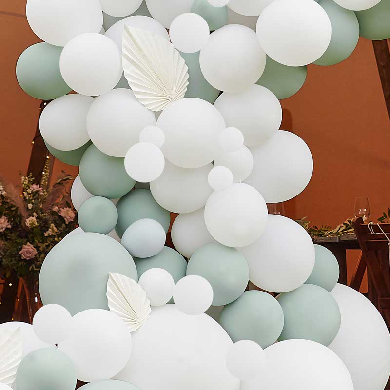 White & Sage Balloon Arch with White Fans - 200 Balloons