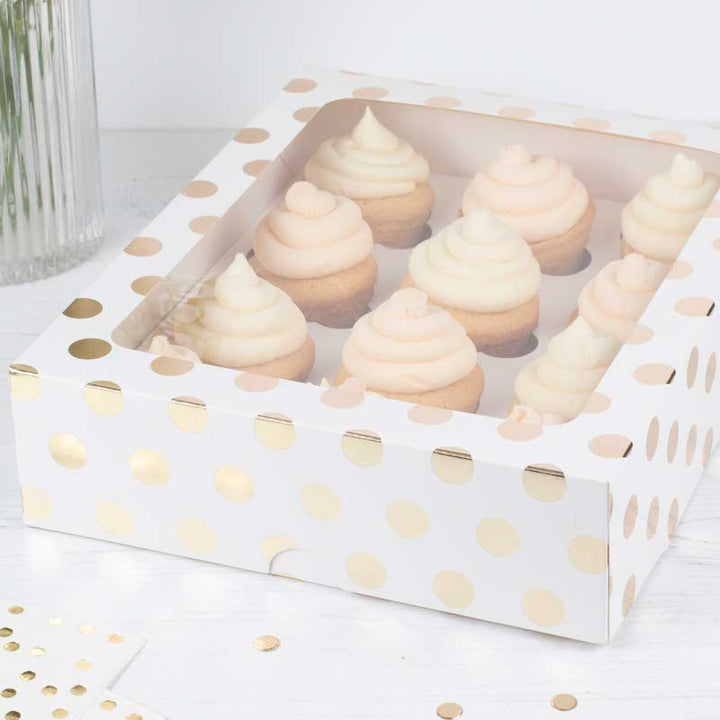 White & Gold Polka Dot Cupcake Box for 12 Cupcakes – product image 1