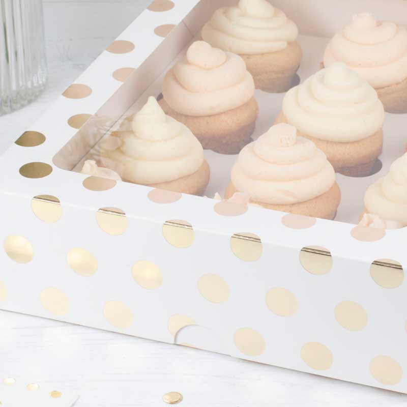 White & Gold Polka Dot Cupcake Box for 12 Cupcakes – product image 2