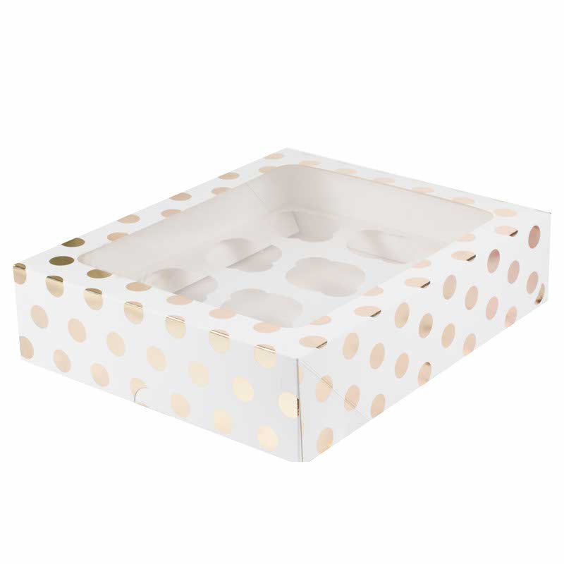 White & Gold Polka Dot Cupcake Box for 12 Cupcakes
