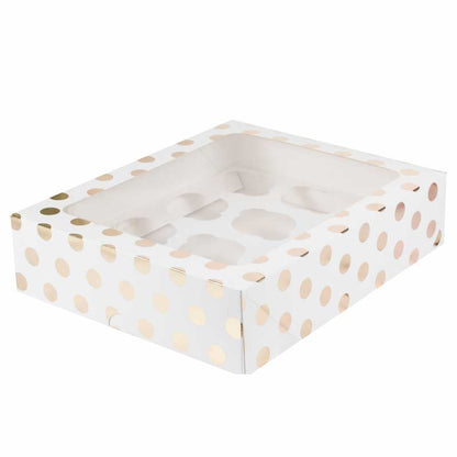 White & Gold Polka Dot Cupcake Box for 12 Cupcakes