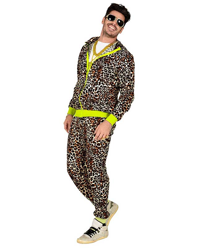 80s Black Leopard Print Shell Suit - Adult Costume