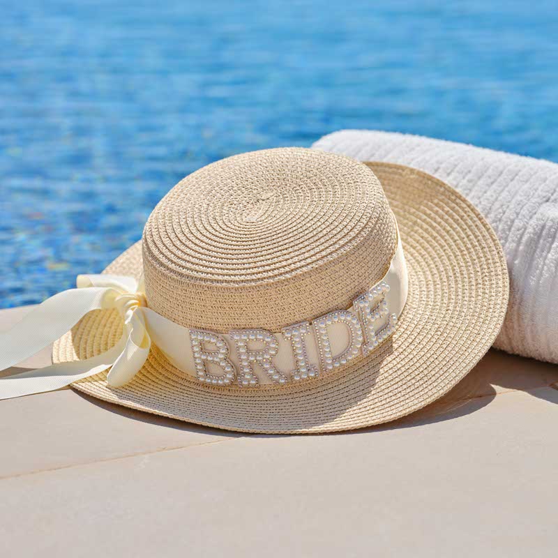 Straw Hat with Bride Pearl Letters