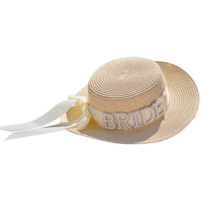 Straw Hat with Bride Pearl Letters
