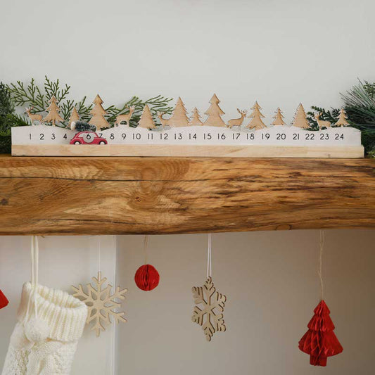 Wooden Reusable Christmas Advent Calendar with Moveable Car - 64cm x 10cm