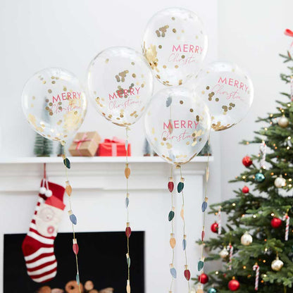 Confetti Filled Merry Christmas Balloons with Light Bulb Balloon Tails - 12" Latex (5pk)