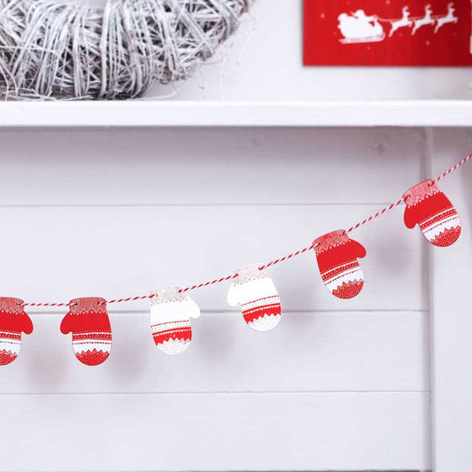 Red & White Festive Mitten Wooden Bunting - 1.5m