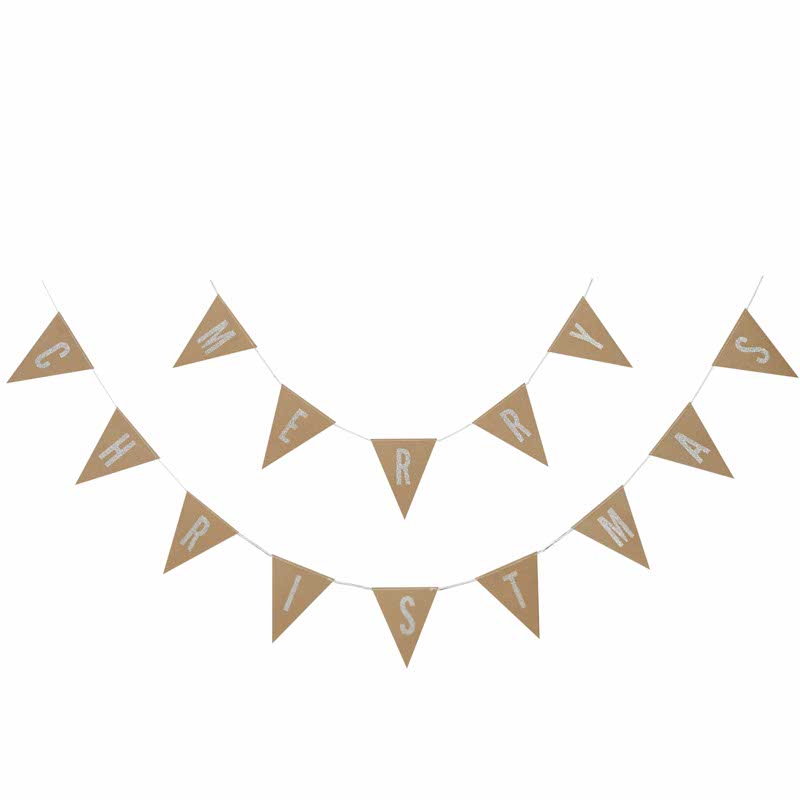 Kraft & Silver Glitter Merry Christmas Flag Bunting - 2.5m