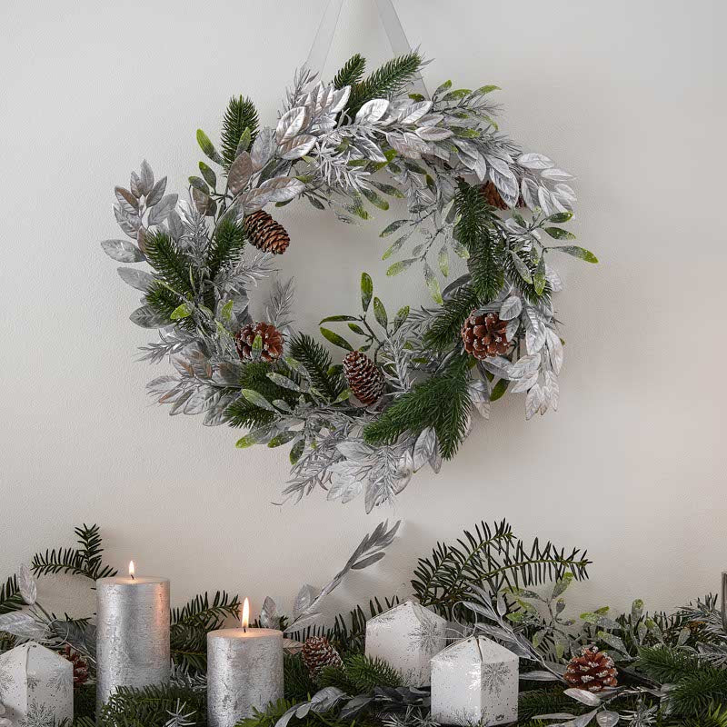 Mistletoe, Pine Cone & Silver Foliage Christmas Wreath - 40cm