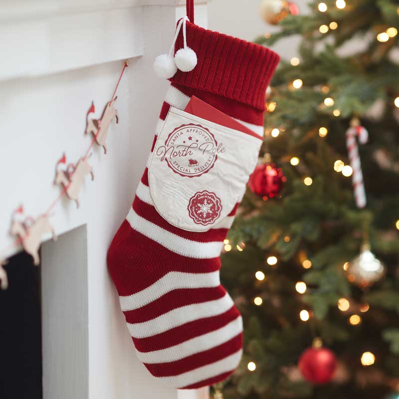 Red & White Knitted Stocking with Pocket - 50cm