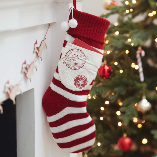 Red & White Knitted Stocking with Pocket - 50cm