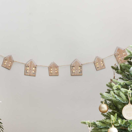 Wooden House Bunting With Light Up Windows - 2m