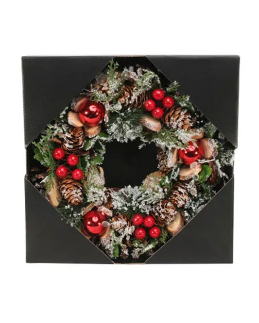 30cm Snowy Red Bauble/Clear Beads wreath