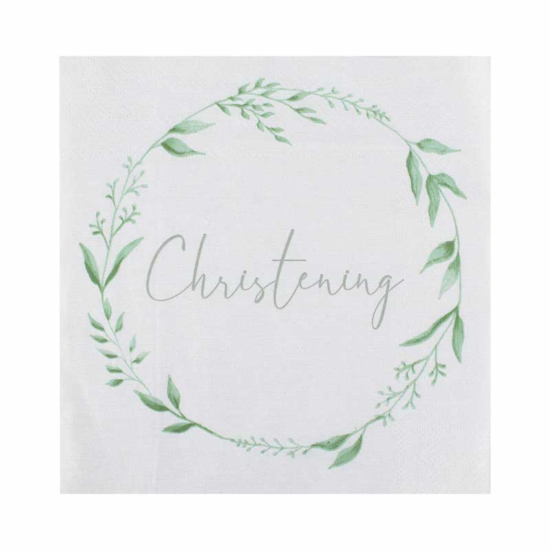 White & Green Botanical Christening Paper Napkins - 33cm (16pk)