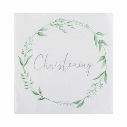 White & Green Botanical Christening Paper Napkins - 33cm (16pk)