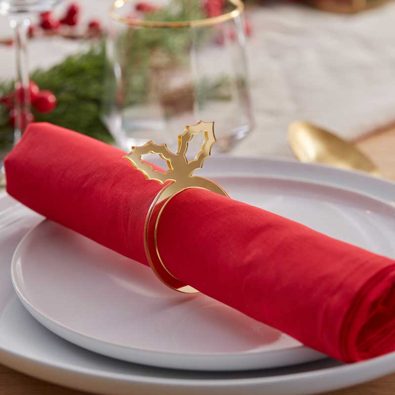 Gold Acrylic Holly Napkin Rings (6pk) – product image 1