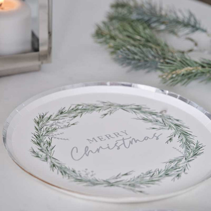 Silver Wreath Merry Christmas Paper Plates - 25cm (8pk) – product image 1