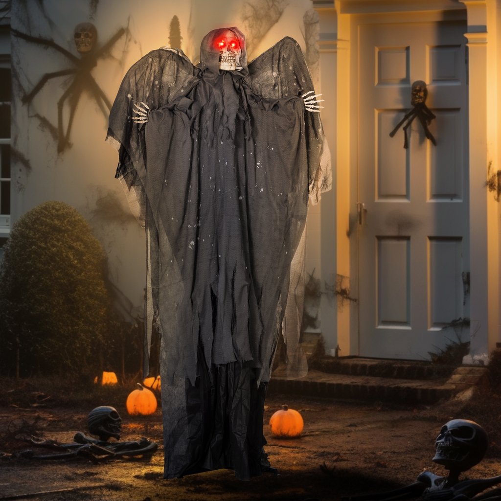 HOMCOM Winged Grim Reaper Animatronic Prop w/ Light Up Eyes, for Haunted House