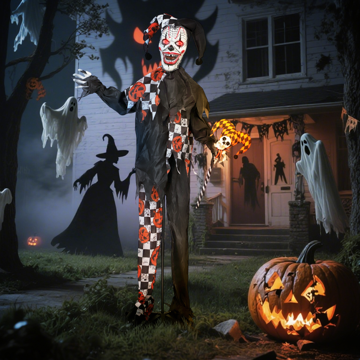 Outsunny Sound Activated Halloween Animatronics Clown with Red Light Up Eyes