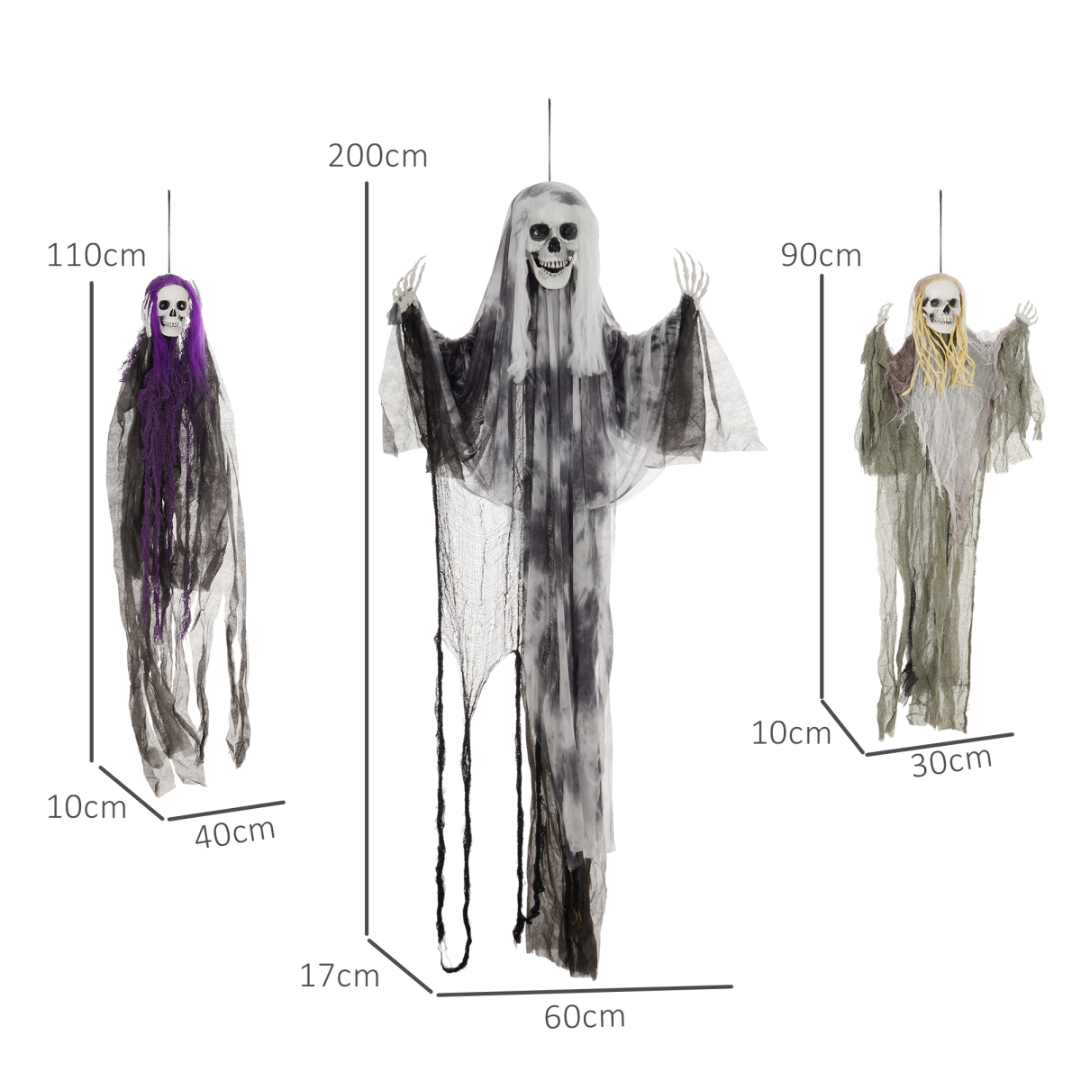 HOMCOM Set of 3 Hanging Skeleton, Flying Ghost Halloween Decorations – product image 3