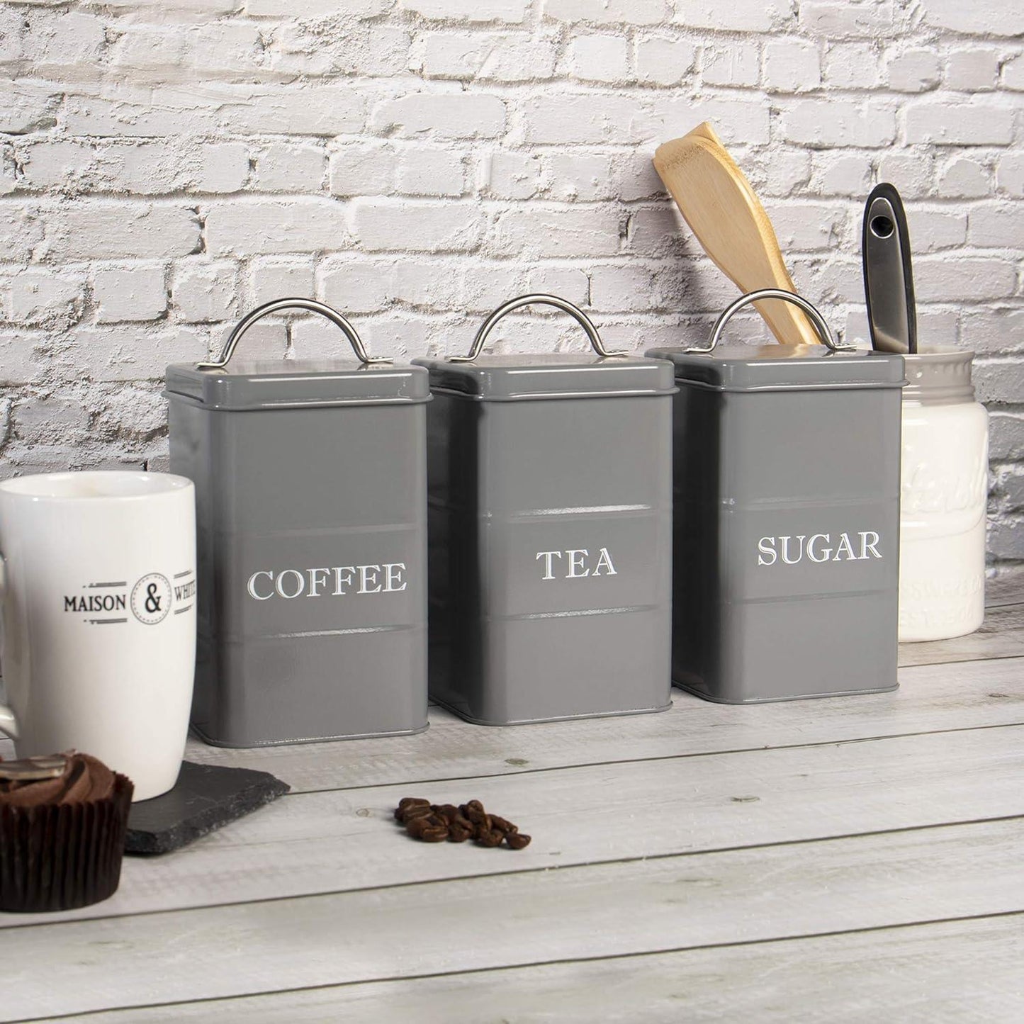 Stainless Steel Tea, Coffee & Sugar Canisters Grey | M&W	