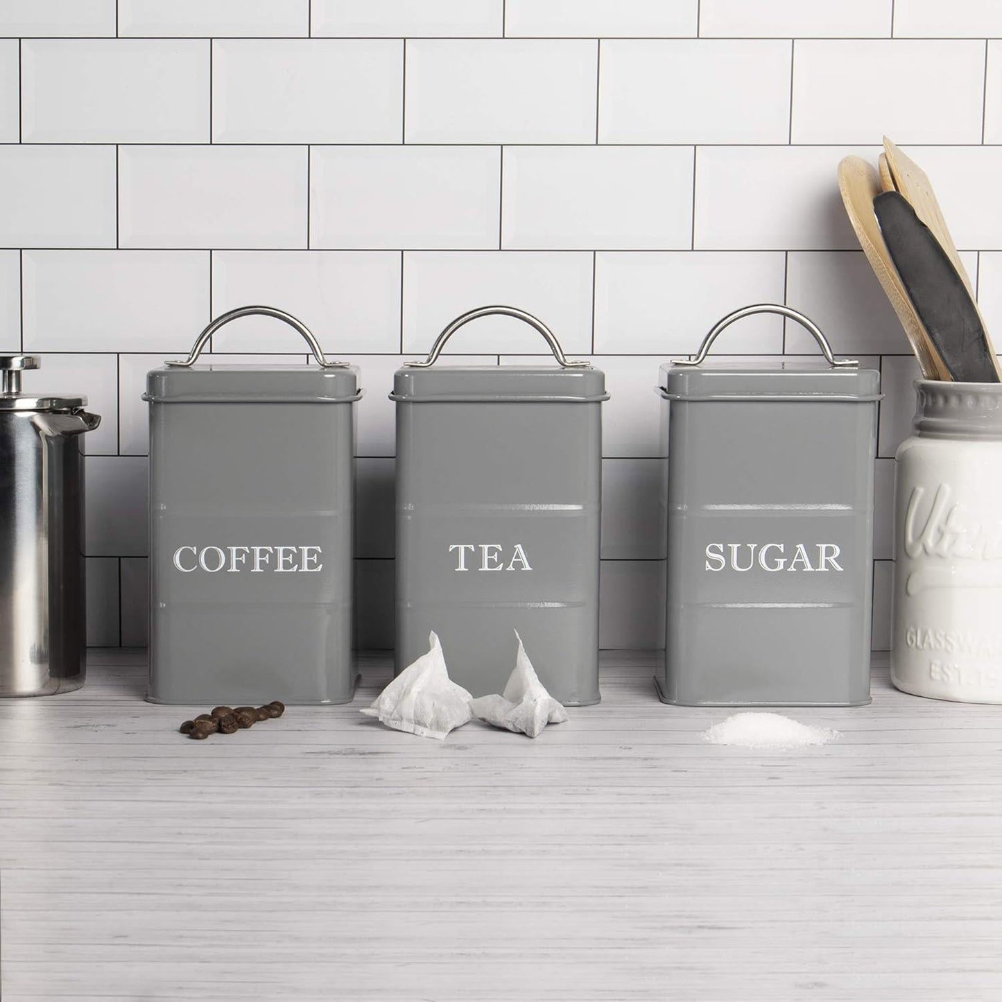 Stainless Steel Tea, Coffee & Sugar Canisters Grey | M&W	