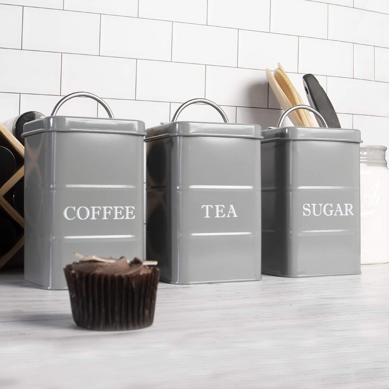 Stainless Steel Tea, Coffee & Sugar Canisters Grey | M&W	