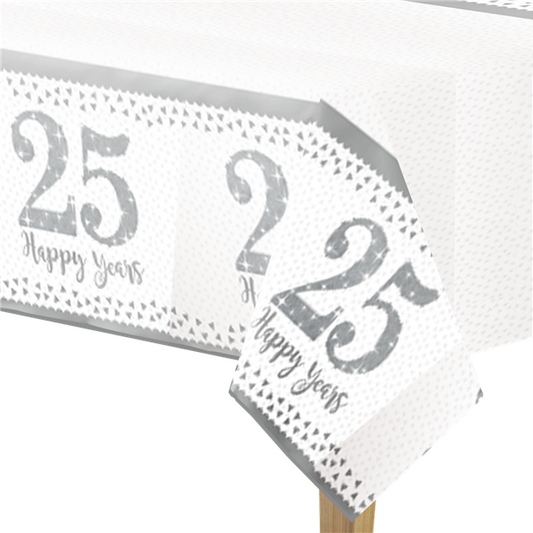 25th Silver Sparkling Wedding Anniversary Plastic Tablecover - 1.2m x 1.8m